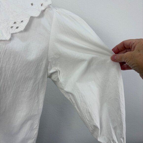 Vintage White Poet Blouse Cotton Embroidered Large Peter Pan Collar Puff Sleeves - Picture 4 of 10